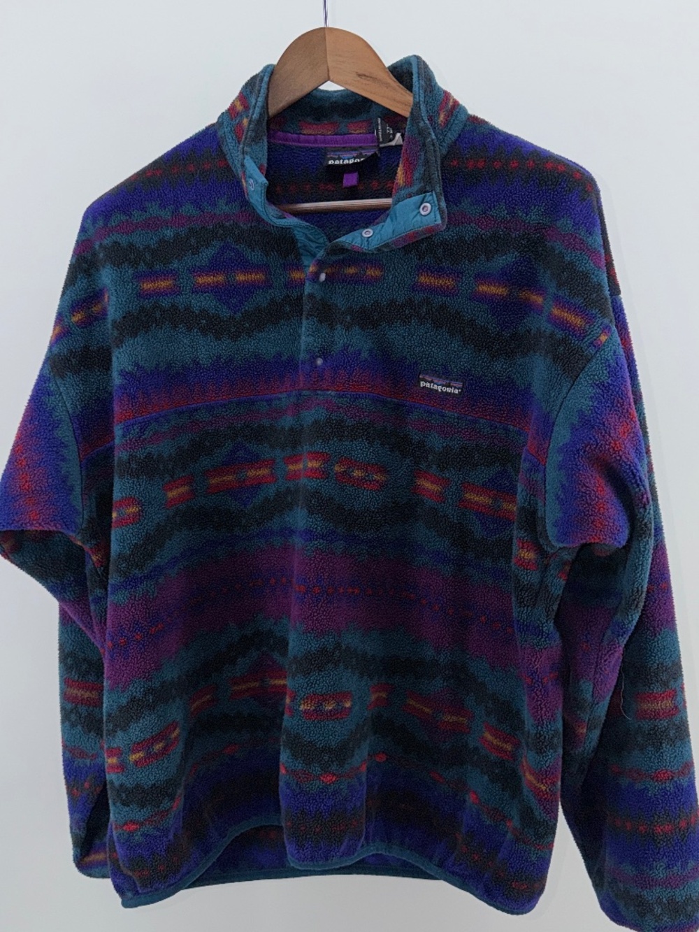 atagonia Geometric Print Snap-Neck Fleece Pullover Large Teal Purple